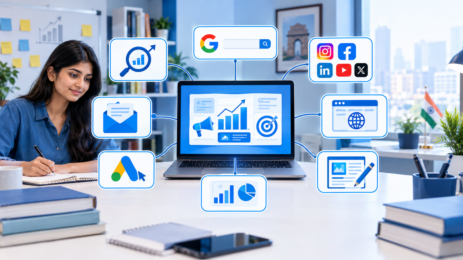 Create a realistic 16:9 educational illustration explaining digital marketing. Show a central laptop or digital screen connected with icons representing SEO, Google search, social media, email marketing, websites, online advertising, analytics, and content marketing. Indian business and education context, modern professional workspace, clean layout, realistic style, blue and white theme, no text, no logos.
