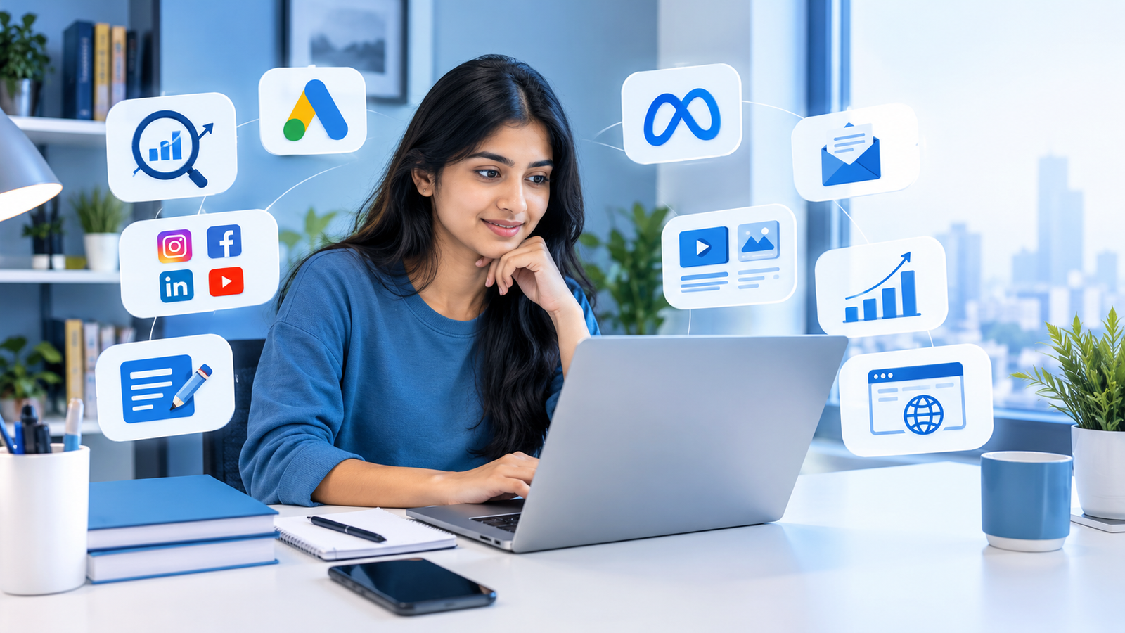 Create a professional 16:9 blog featured image about "How to Start Digital Marketing for Beginners in India". Show a young Indian beginner learning digital marketing on a laptop, with floating visual elements representing SEO, social media, Google Ads, Meta Ads, email marketing, content marketing, analytics, and website marketing. Modern digital workspace, realistic photography style, professional blue and white theme, clean composition, premium educational look, no text, no logos.