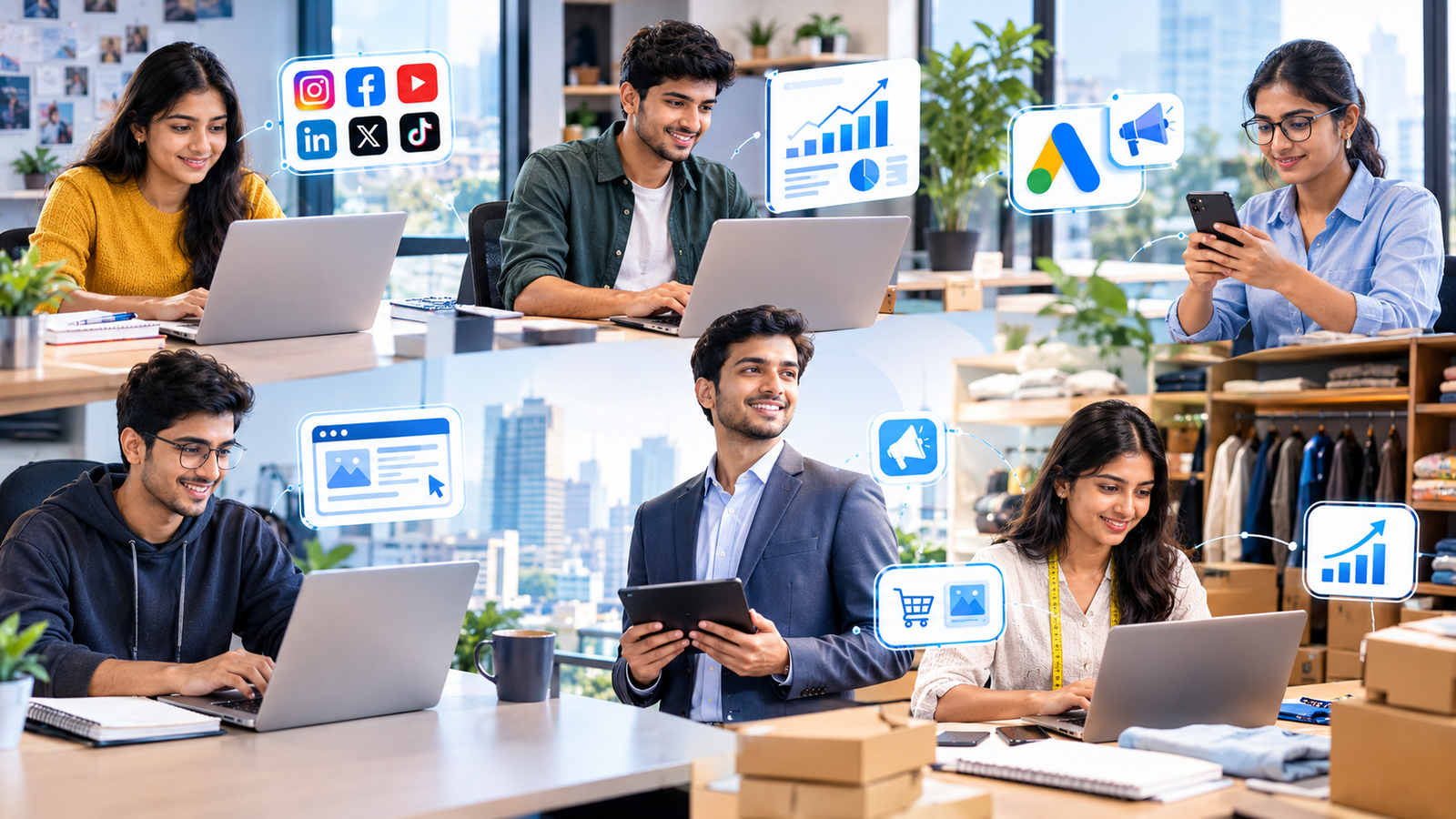 Create a realistic 16:9 image showing the opportunities of digital marketing in India. Show Indian students, freelancers, business owners, and young professionals working on laptops and smartphones, with subtle digital marketing elements such as social media, analytics, online advertising, websites, and e-commerce. Modern Indian office environment, optimistic professional atmosphere, realistic photography, clean composition, no text, no logos.