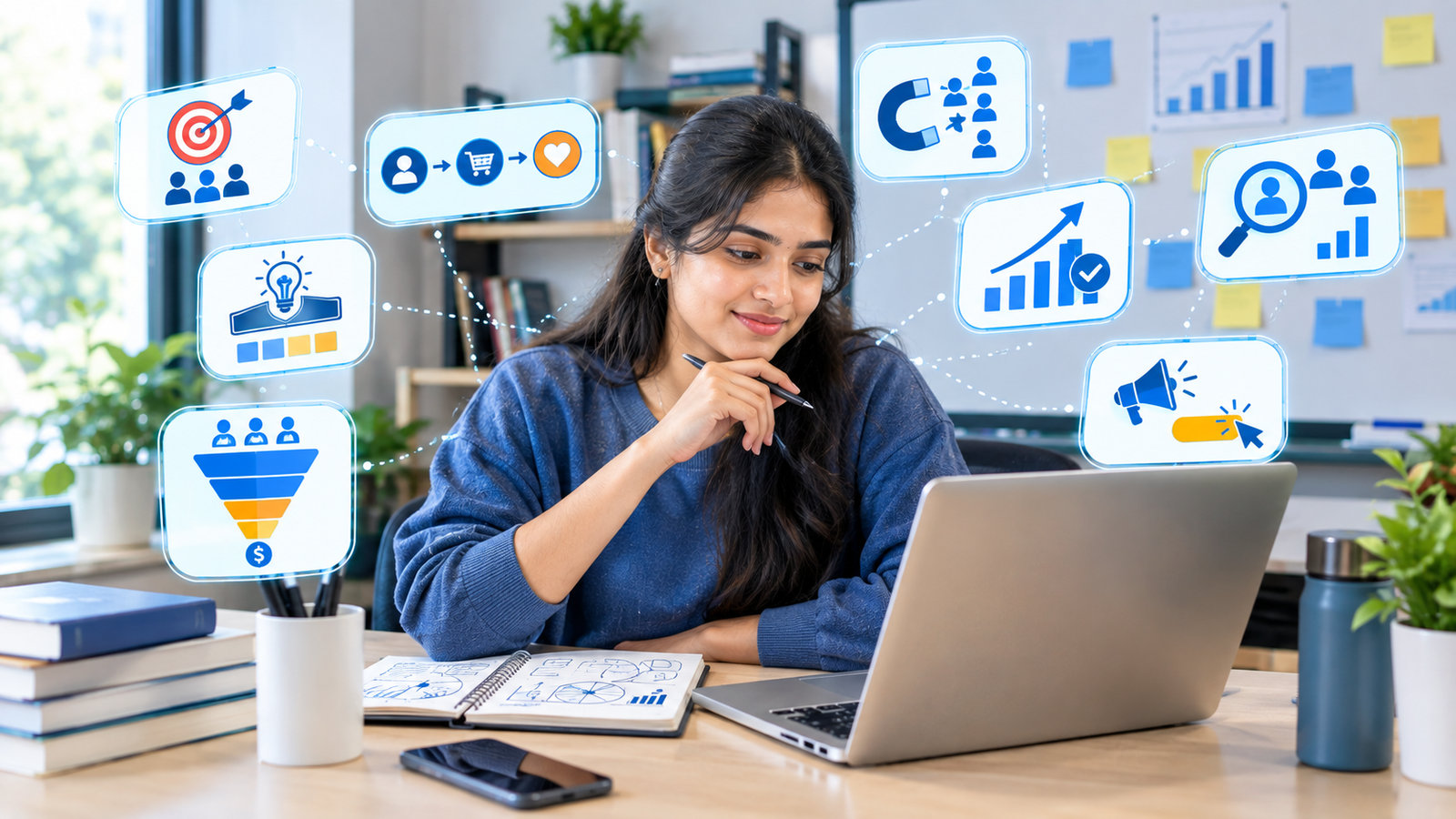 Create a professional 16:9 educational image showing the fundamentals of marketing. Show a young Indian digital marketing student studying target audience, customer journey, branding, marketing funnel, leads, conversions, competitor research, and CTA concepts on a laptop and notebook. Modern classroom or workspace, realistic style, clean professional composition, subtle digital marketing graphics, no text, no logos.
