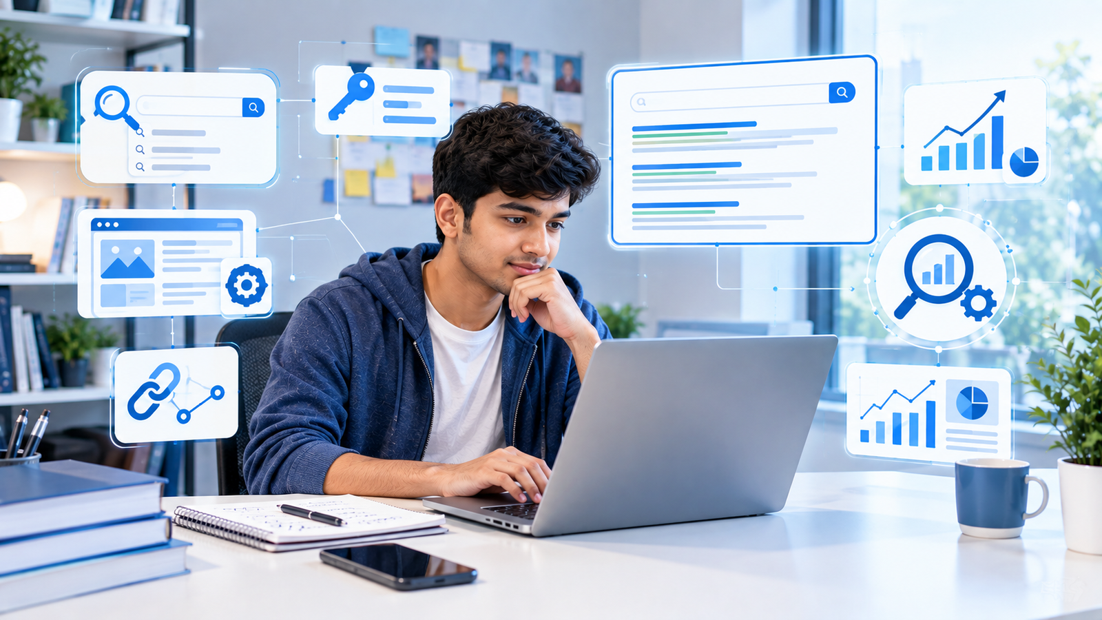 Create a realistic 16:9 digital marketing SEO scene showing an Indian beginner researching keywords on a laptop. Include a search engine results page concept, keyword research, website optimization, backlinks, analytics charts, and SEO icons in the background. Modern professional workspace, realistic photography, clean blue and white visual style, high quality, no readable text, no logos.