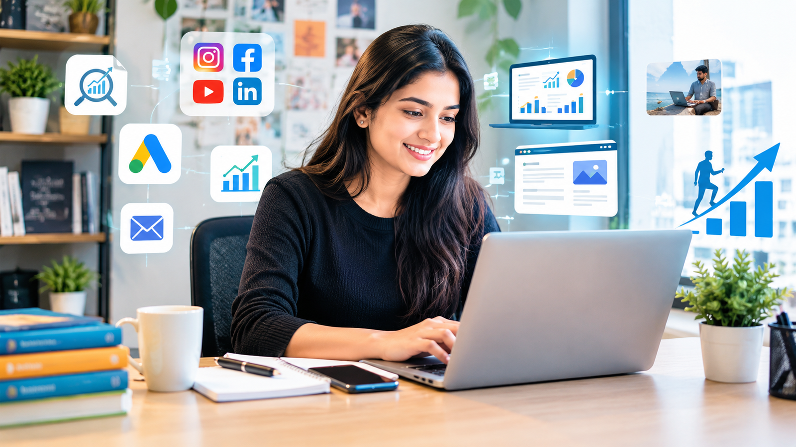 Create a premium realistic 16:9 image showing a successful young Indian digital marketing learner confidently working on a laptop after completing their learning journey. Include subtle background elements representing SEO, social media, advertising, analytics, portfolio, freelancing, and career growth. Bright professional workspace, optimistic atmosphere, modern digital marketing theme, realistic photography, clean premium composition, no text, no logos.