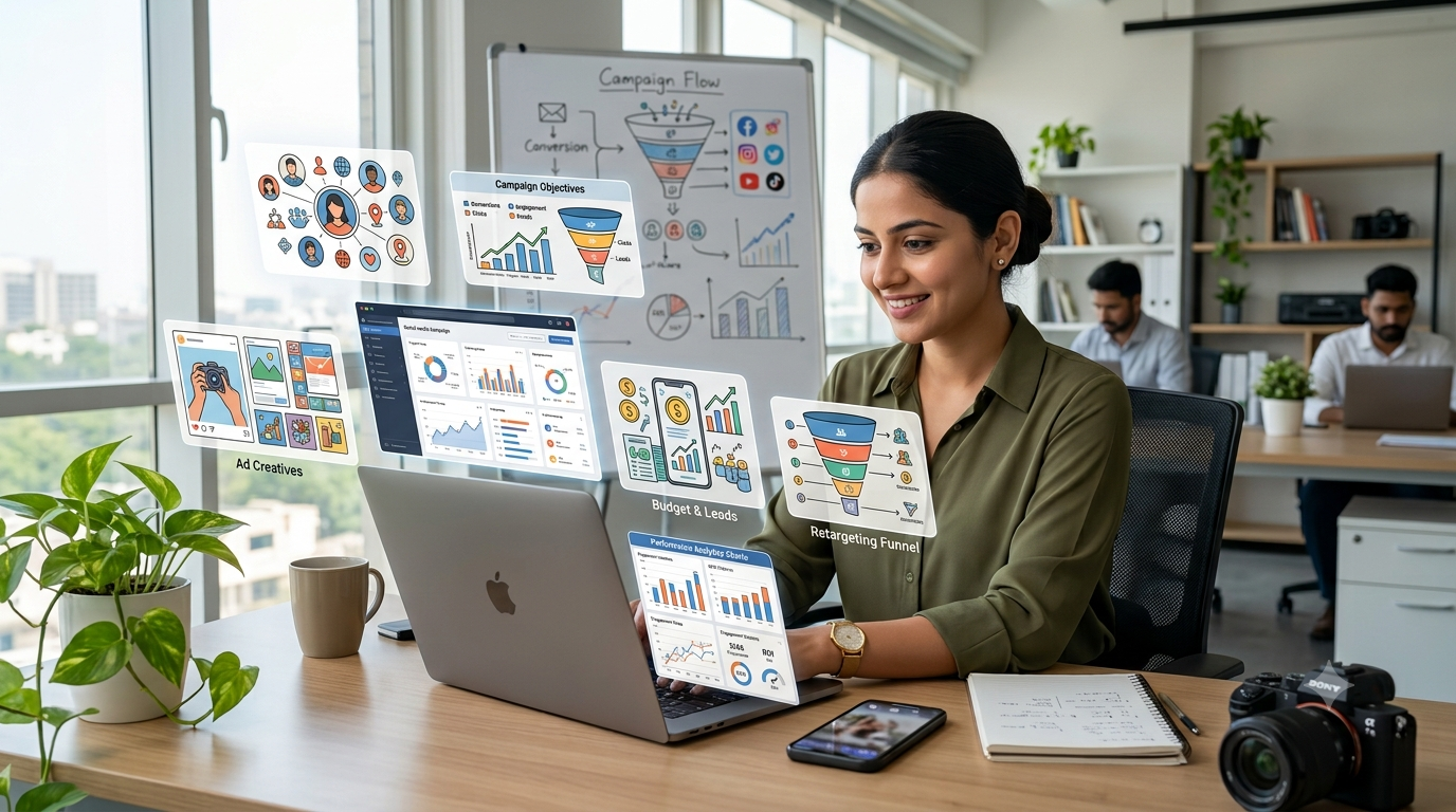 Create a professional 16:9 image showing content marketing in action. An Indian content creator works on a laptop while surrounded by visual concepts representing blogs, Instagram posts, reels, YouTube videos, infographics, emails, and website content. Modern creative studio, realistic photography, clean professional composition, digital marketing atmosphere, no readable text, no logos.
