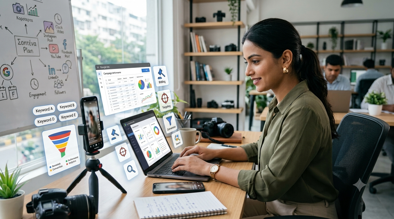 Create a professional 16:9 realistic image showing an Indian beginner learning Google Ads on a laptop. Display concepts such as search advertising, keywords, ad campaigns, targeting, bidding, conversions, and performance analytics through clean floating UI elements. Modern digital marketing workspace, realistic style, professional blue and white appearance, no readable text, no logos.