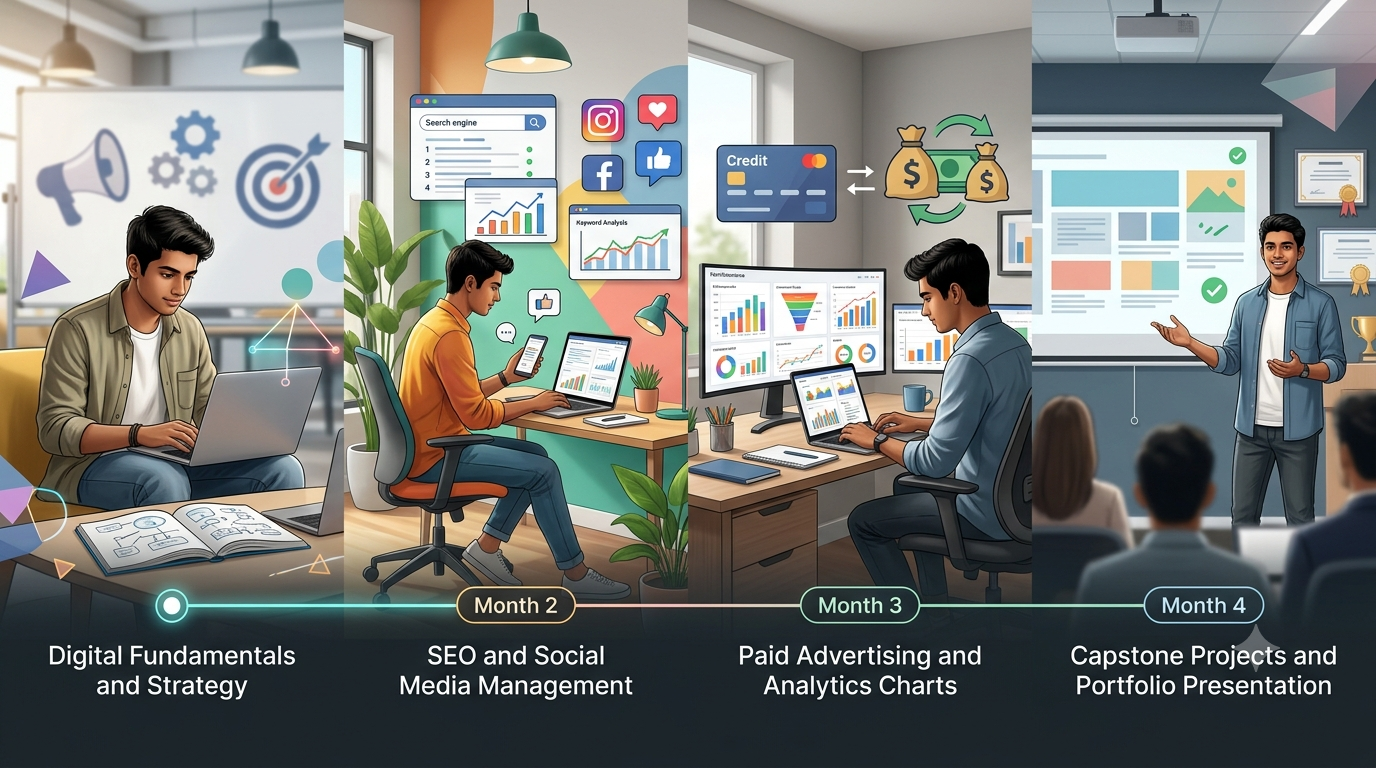 Create a clean professional 16:9 image showing a four-stage digital marketing learning journey. Visually represent Month 1 fundamentals, Month 2 SEO and social media, Month 3 advertising and analytics, and Month 4 projects and portfolio. Show a young Indian learner progressing through different stages with a laptop and notebook. Modern educational style, realistic, clean composition, no readable text, no logos.