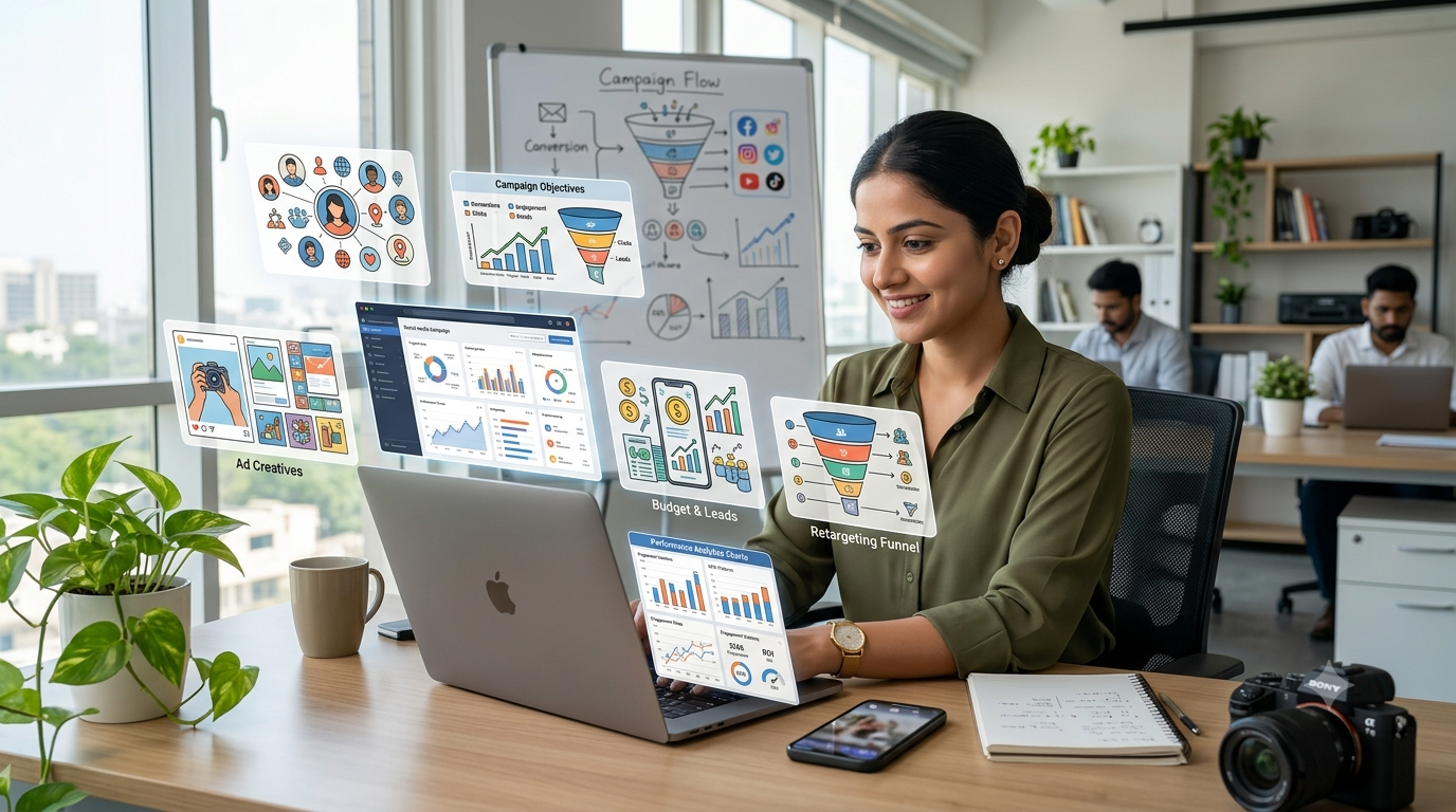 Create a realistic 16:9 image showing an Indian digital marketer creating a Facebook and Instagram advertising campaign on a laptop. Include visual concepts of audience targeting, campaign objectives, ad creatives, budget, leads, conversions, retargeting, and performance analytics. Modern professional workspace, realistic photography, clean composition, no readable text, no logos.