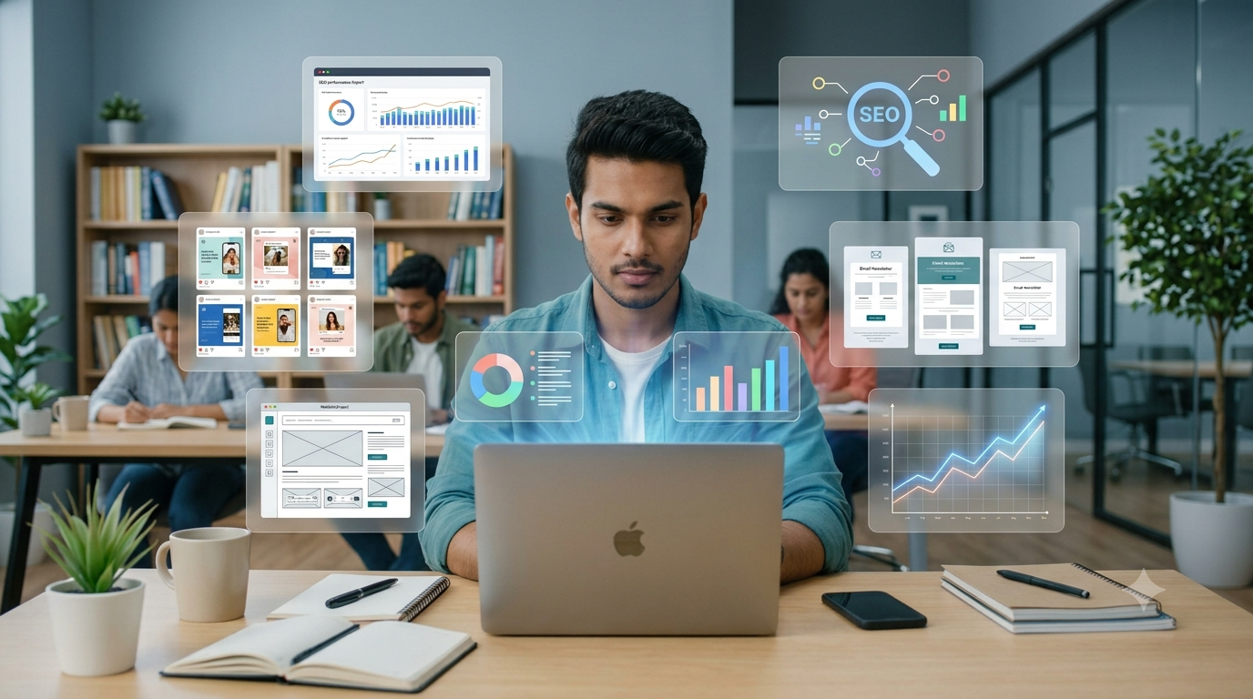 Create a clean professional 16:9 image showing an Indian beginner using different digital marketing tools on a laptop. Visually represent SEO tools, analytics, Google Ads, Meta Ads, Canva, WordPress, email marketing, Google Trends, and keyword research. Modern technology workspace, realistic style, organized desk, professional educational atmosphere, no readable text, no logos.