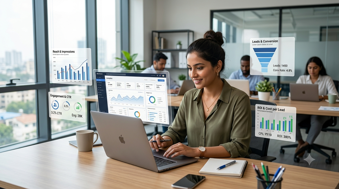 Create a professional 16:9 realistic image showing an Indian digital marketer analyzing digital marketing data on a large laptop screen. Include charts and visual indicators representing reach, impressions, clicks, CTR, leads, conversion rate, cost per lead, engagement, and ROI. Modern analytics dashboard concept, professional workspace, realistic style, clean composition, no readable text, no logos.