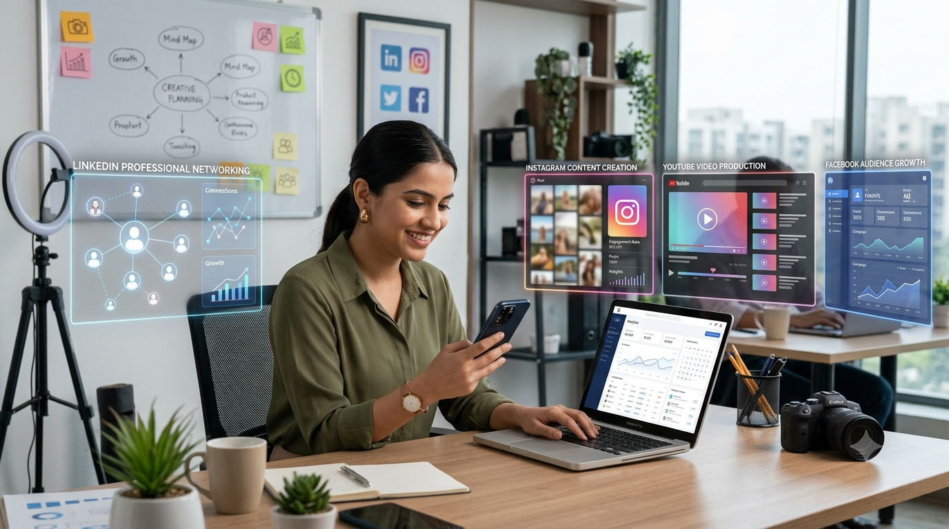 Create a realistic 16:9 image showing a young Indian digital marketing professional building a personal brand using a laptop and smartphone. Show concepts of LinkedIn, Instagram, YouTube, Facebook, content creation, personal profile growth, and professional networking. Modern creator workspace, confident professional atmosphere, realistic photography, clean composition, no readable text, no logos.