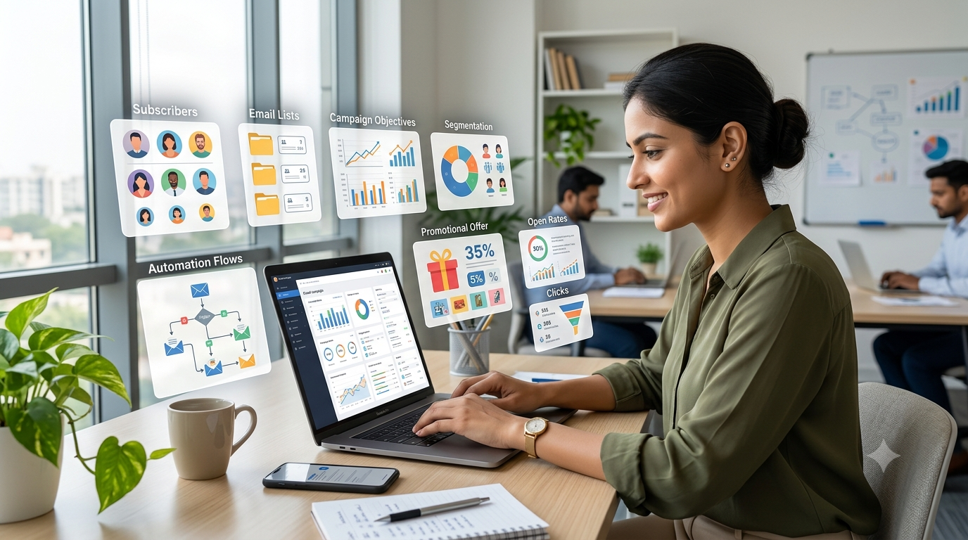 Create a realistic 16:9 professional image showing an Indian digital marketer working on an email marketing campaign. Show a laptop displaying an email campaign interface with visual concepts for subscribers, email lists, segmentation, automation, open rates, clicks, and offers. Modern office workspace, clean professional look, realistic photography, no readable text, no logos.