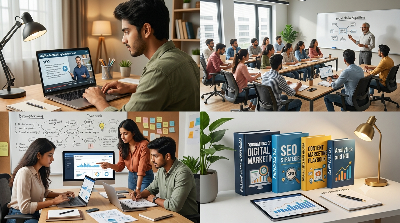 Create a realistic 16:9 image showing different ways to learn digital marketing in India. Show an Indian student learning through a laptop, online course, YouTube-style learning, classroom training, practical projects, and digital marketing books. Modern education environment, professional and motivating atmosphere, realistic photography, clean composition, no readable text, no logos.